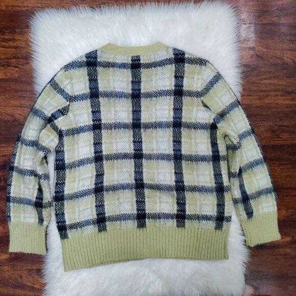 Tory Burch Light Green Mohair-Blend Plaid Brushed Intarsia-Knit Cardigan Medium - Picture 3 of 15